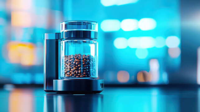 Modern coffee maker with transparent container filled with coffee beans, set against vibrant blue background, evokes sense of innovation and style