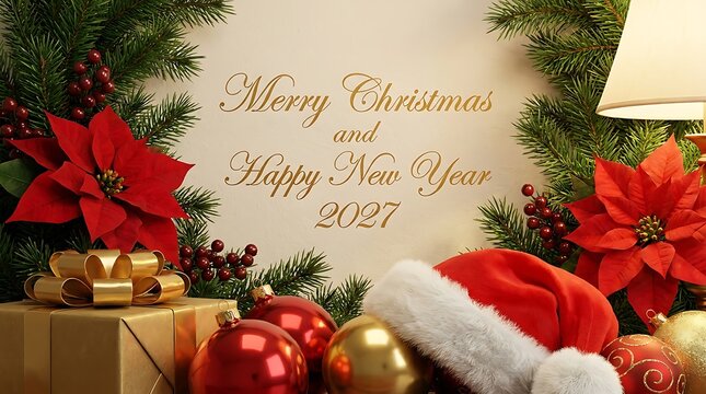 Festive christmas background with poinsettias gifts and holiday decorations