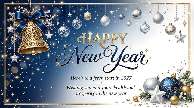 Elegant new year celebration background with golden bell and sparkling ornaments