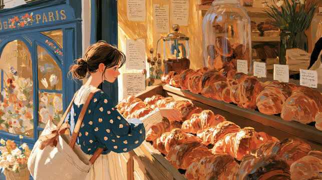 
Woman choosing fresh bread loaves at a charming Paris bakery storefront window with a Paris sign