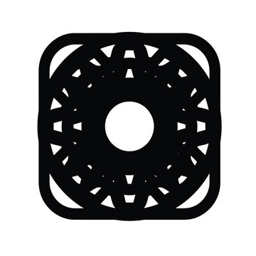 Symmetric abstract black vector graphic element featuring rounded square shapes and intricate mandala style geometric patterns
