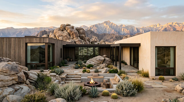 Modern desert residence seamlessly integrated into rocky natural landscape featuring contemporary architecture and garden design