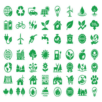Green ecology symbol set featuring diverse vector icons for sustainable environmental design and conservation awareness projects