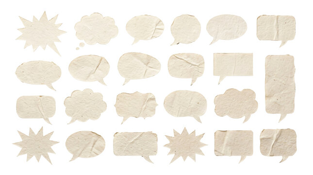 Speech bubbles collection made from textured recycled paper shapes for various communication designs on transparent background