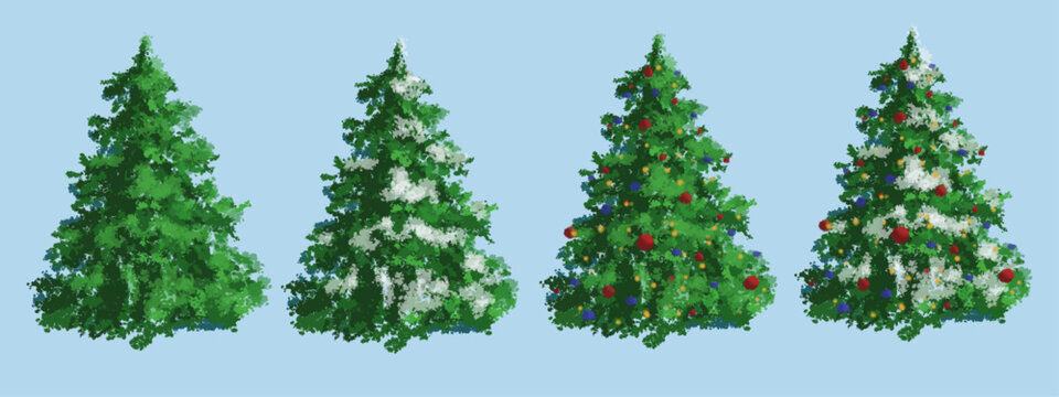 Evergreen fir tree christmas asset in various snow and ornament designs. Vector Christmas trees