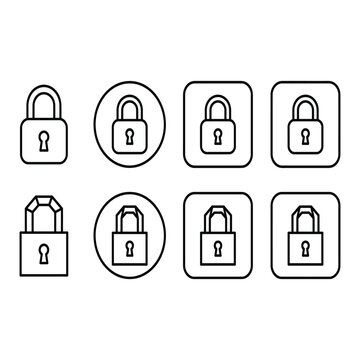 Collection of simple black line vector padlock icons with various frames for professional interface design layouts