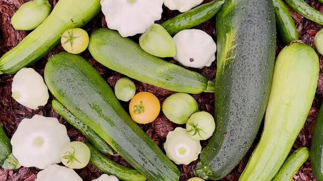 Autumn harvest. Zucchini, pattypan squash, cucumbers, tomatoes. Top view footage