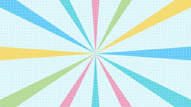 Soft pastel sunburst rays radial pattern with halftone dots on light background, cute cartoon comic template design. 4k video