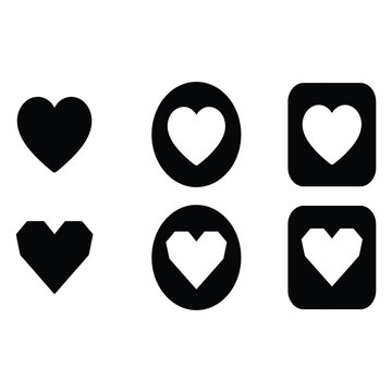 Minimalist heart shape vector illustration set featuring solid black silhouettes within various simple geometric button frames