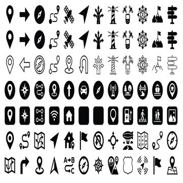 Detailed collection of navigation icons showing maps and location markers for modern digital graphic design projects