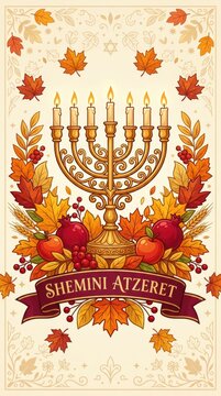 Golden menorah with lit candles decorated with autumn leaves and fruits for the jewish festival shemini atzeret