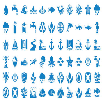 Collection of blue water related vector icons featuring marine life ocean elements and nature symbols