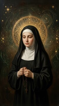 Young nun holding prayer beads with a golden halo and stars in a beautiful spiritual religious painting