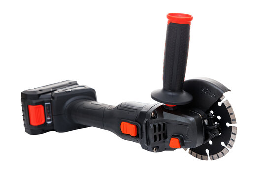 Cordless angle grinder with diamond cutting disc and auxiliary handle