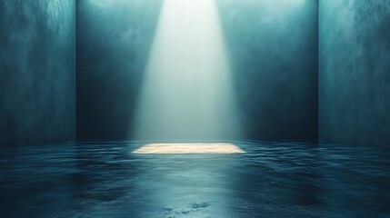 Obraz premium A single dramatic light beam illuminates a small patch of golden floor in a dark flooded room