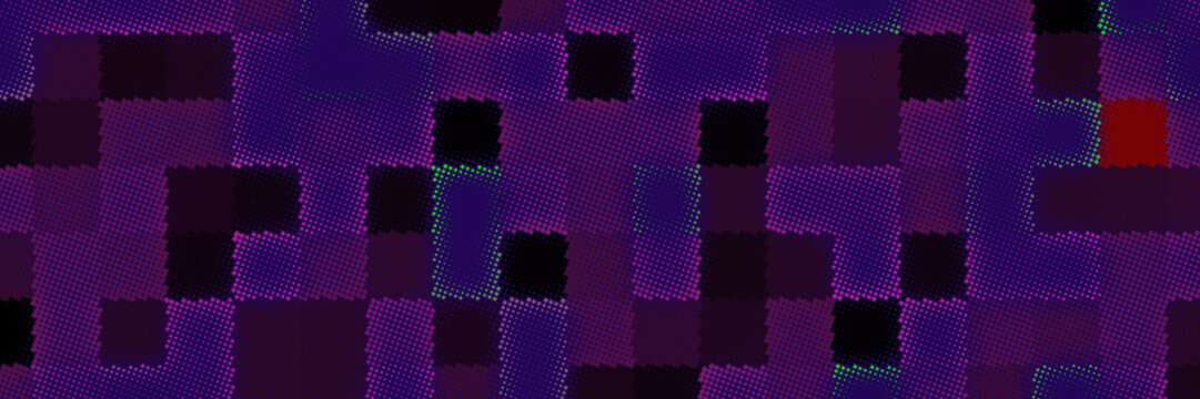 Dark geometric halftone pattern with purple and black square pixel blocks