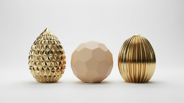 Three decorative egg shaped with gold and matte finishes on white background