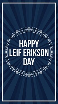 Happy leif erikson day text design with a circular frame of viking runes on a dark blue background