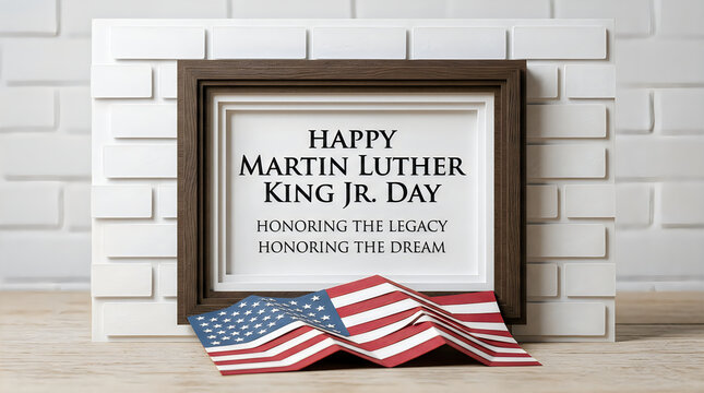 Happy martin luther king jr day message in a picture frame with an american flag on the floor