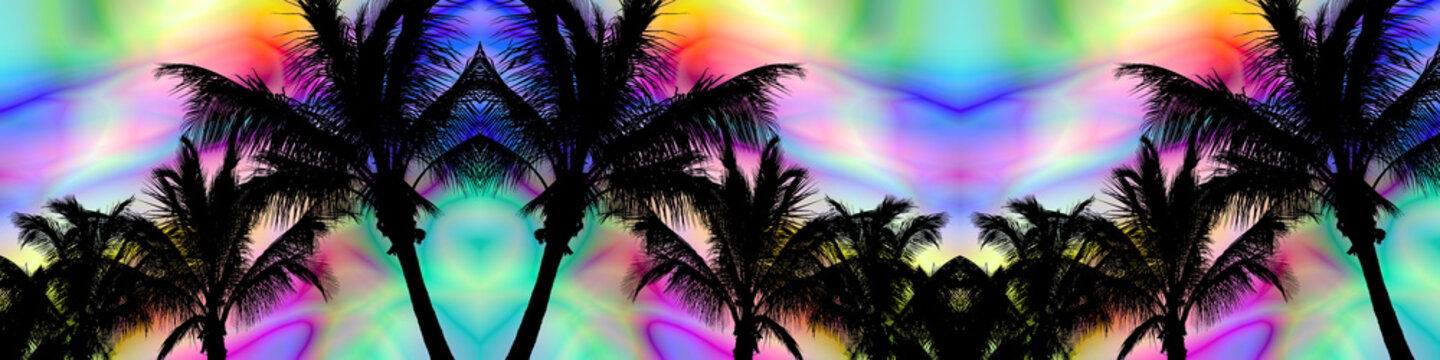 mirrored palm tree silhouettes against psychedelic sky colors
