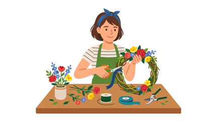 Fototapeta premium Woman making floral wreath on wooden table flat illustration