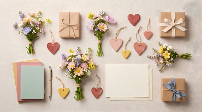 A flat lay for national random acts of kindness day with floral bouquets, gift boxes, and wooden heart decorations.
