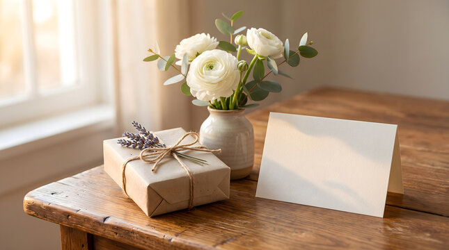 A rustic gift and floral arrangement for national random acts of kindness day on a wooden table with a blank card