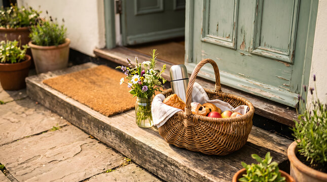 A picnic basket with pastries on a doorstep for national random acts of kindness day to surprise a neighbor or friend
