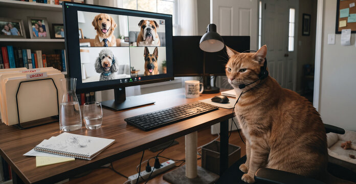 Cat On Video Call With Dogs In Home Office Setup