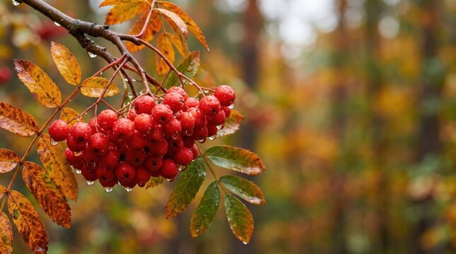 Cluster of bright red rowan berries covered with raindrops on an autumn branch, surrounded by colorful foliage and a softly blurred woodland background