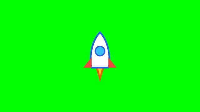 Rocket launch icon with flame on green screen, startup growth success boost symbol design concept. 4k video