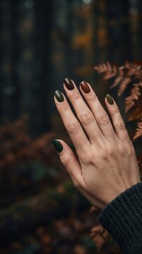 Close-up of a woman's hand with elegant dark ombr&eacute; manicure against a blurred autumn forest background, representing seasonal beauty, nail care and fall fashion
