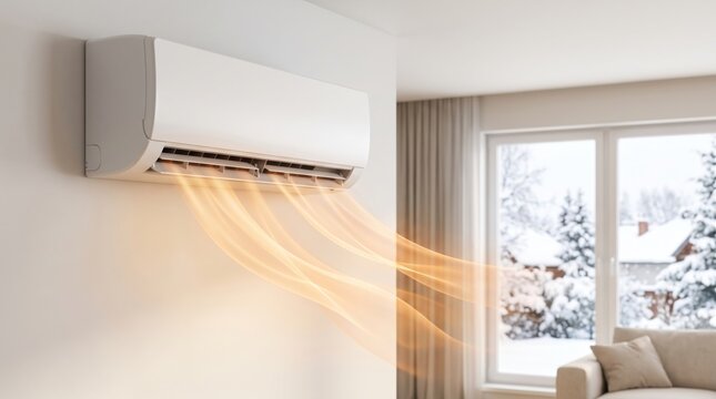 Wall mounted air conditioner blowing warm air in a cozy home during winter, representing indoor heating, temperature control, energy use and residential comfort