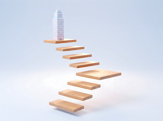 Obraz premium Wooden Steps Leading to Skyscraper, Career Growth and Success Concept 3D Render