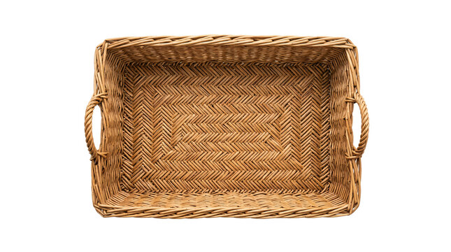 Woven rectangular wicker basket with dual side handles showcasing intricate natural wooden texture on transparent background