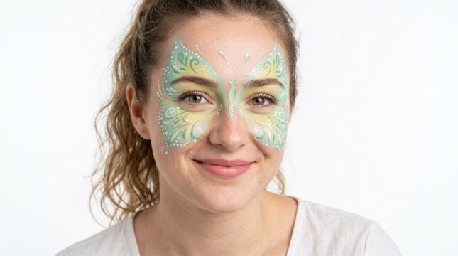 Portrait of a smiling woman with whimsical green face paint and freckles