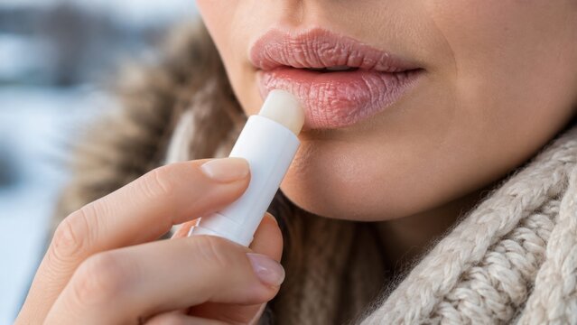 Close-up of a woman applying lip balm to dry lips, representing winter skincare, lip care, moisturizing, protection and cold weather self care