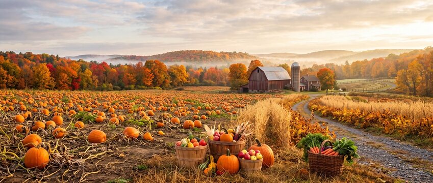 Thanksgiving harvest landscape with ripe pumpkin patch, rustic wooden barn, and bountiful produce baskets at golden hour, seasonal banner background with copy space