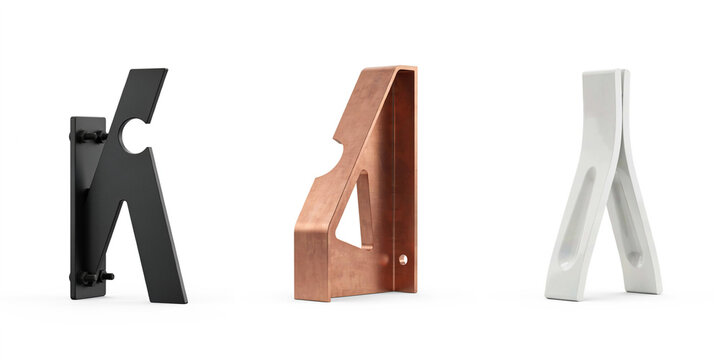 Three decorative metal wall brackets in black, copper, and white on white background