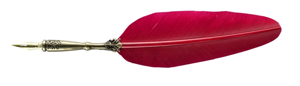 Antique-style feather quill pen with an ornate metal handle and nib, designed as a vintage writing instrument. Elegant old-fashioned red pen, calligraphy pen writing instruments.