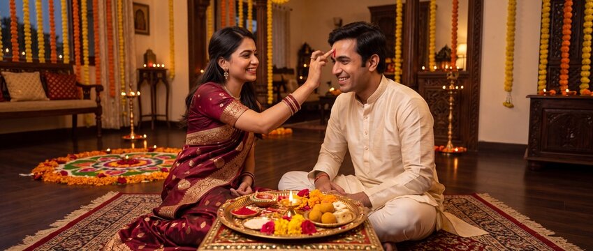 Indian sister applying red kumkum tilak on brother's forehead during traditional Bhai Dooj celebration in decorated home with puja thali and copy space
