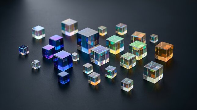 Dichroic glass cubes on dark background, glowing crystal blocks with iridescent light refraction, colorful geometric glass prisms for technology concepts