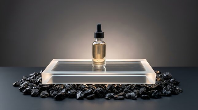 Minimalist cosmetic serum bottle on glass podium, luxury skincare dropper bottle with black stones, elegant beauty product display on illuminated platform