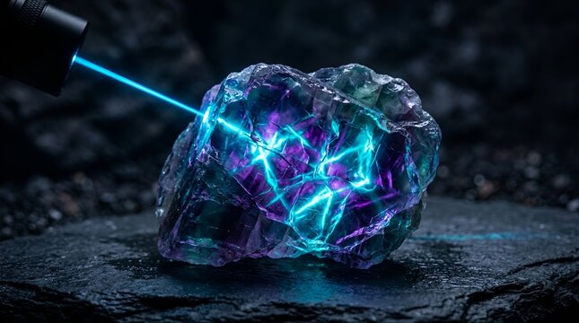 Futuristic laser beam hitting glowing crystal, iridescent mineral with neon light refraction, high-tech science experiment with luminous gemstone