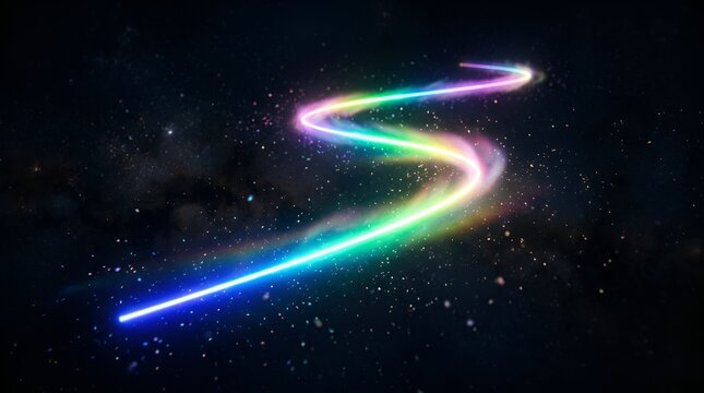 Futuristic rainbow light trail in deep space, glowing neon motion blur across starry galaxy background, vibrant cosmic energy wave