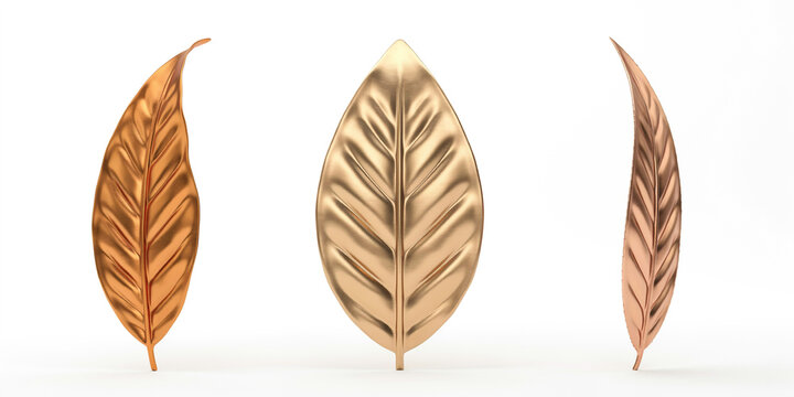 Three decorative metallic leaves in gold and copper tones on a white background
