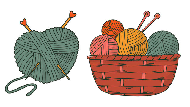 Hand drawn illustration of a heart shaped yarn ball and a basket of wool skeins with knitting needles