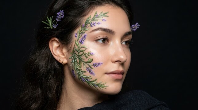 Portrait of woman with floral face art and lavender accents in studio light