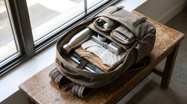An open canvas backpack filled with travel gear, clothes, camera and water bottle resting on a rustic wooden bench