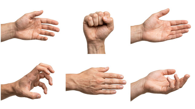 Hand gestures collection showing male hands in various poses captured in high detail on transparent background